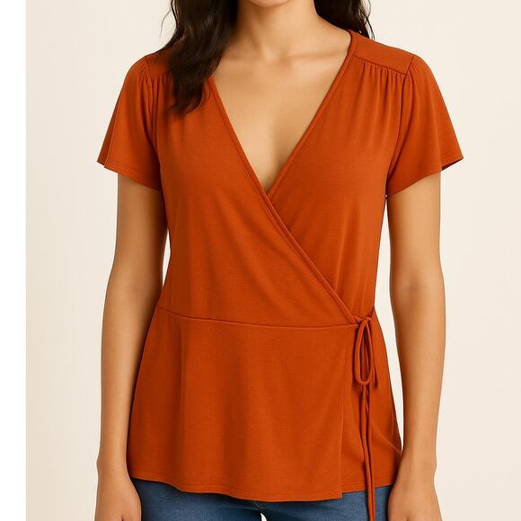 2/$30 LOFT Large Womens Orange Short Sleeve Surplice V-Neck Wrap Blouse Top - Picture 1 of 10